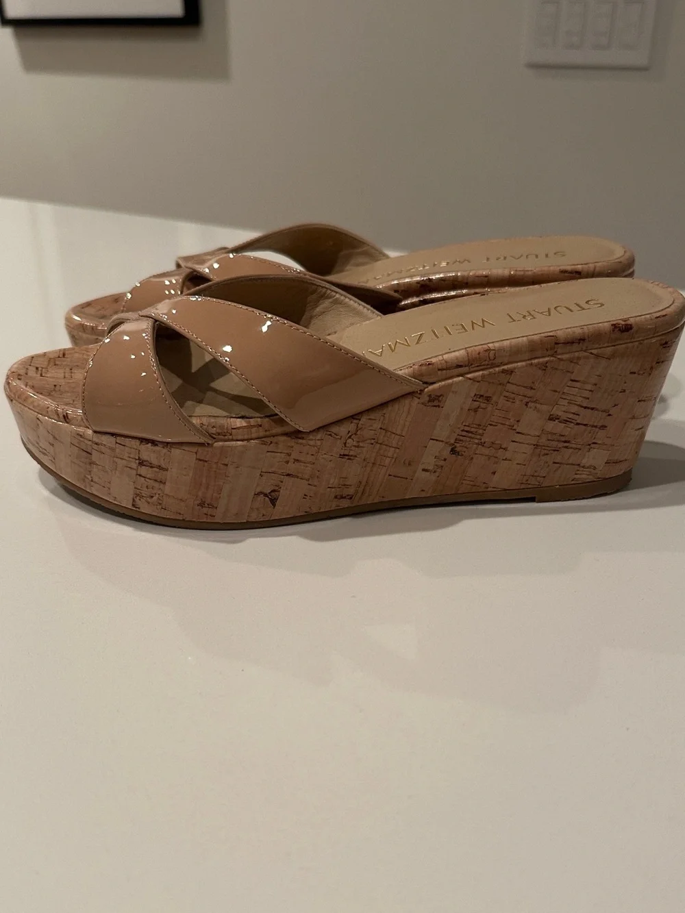 Stuart Weitzman Beige Patent Cork Platform Wedge Sandals - Picture 2 of 5